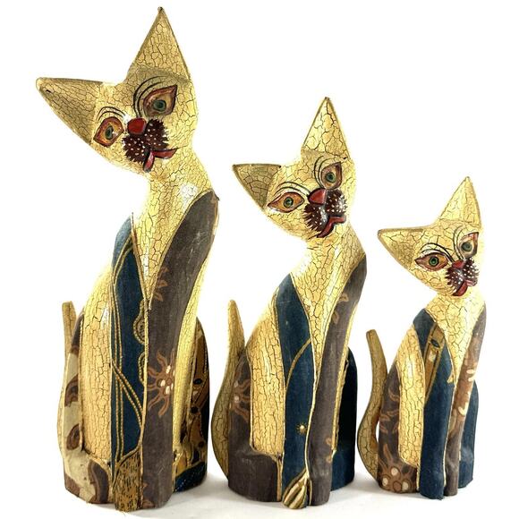 Set of 3 Hand Carved Wood Cat Sculptures Crackle Painted Folk Art - Picture 2 of 8